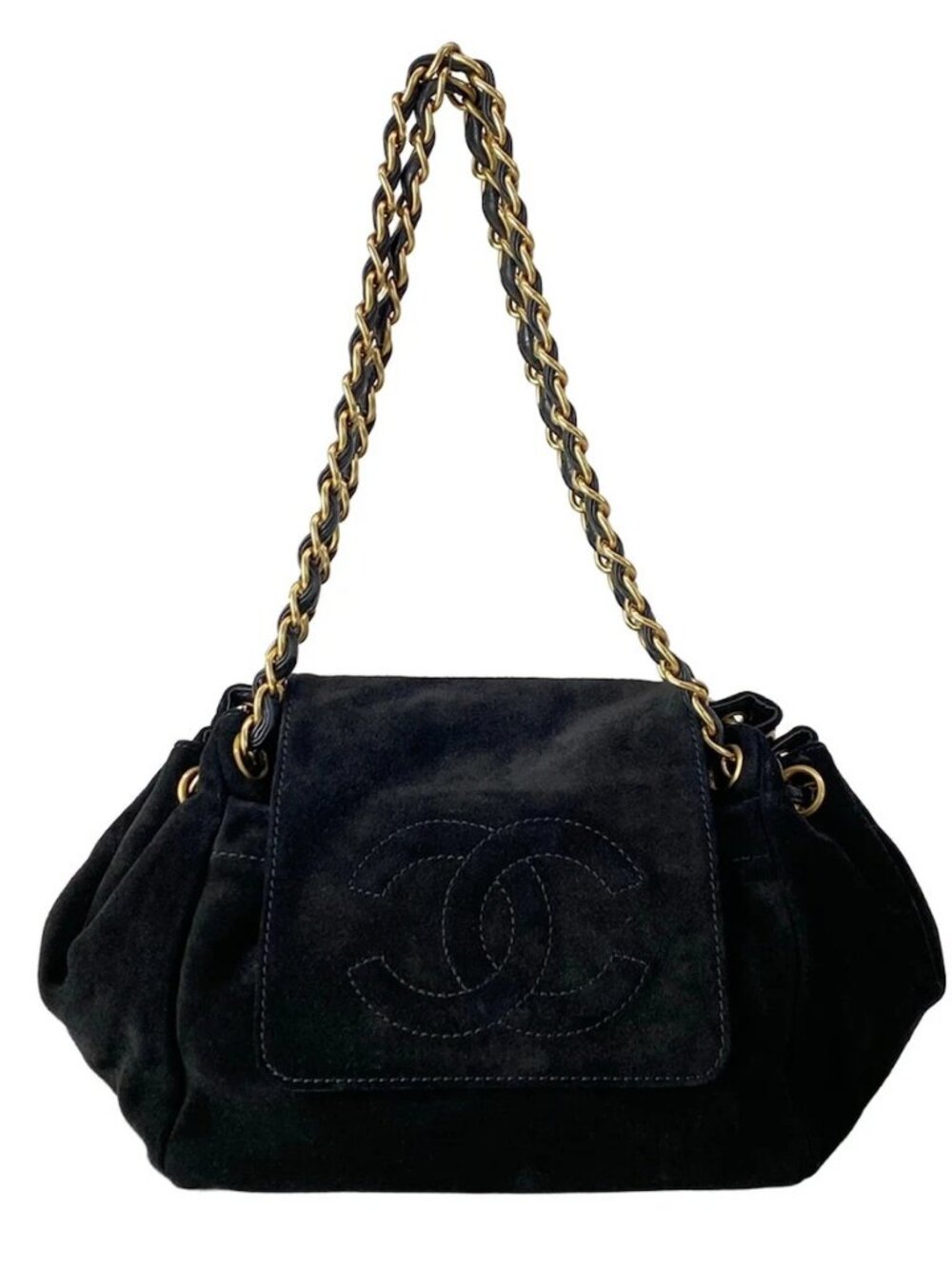 CHANEL - Black Suede Shoulder Bag gold hardware